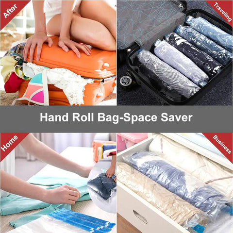 Space Saving Vacuum Bags For Travel 10 Pack No Pump Needed Compression Storage Bags for Luggage and Home Packing in use.