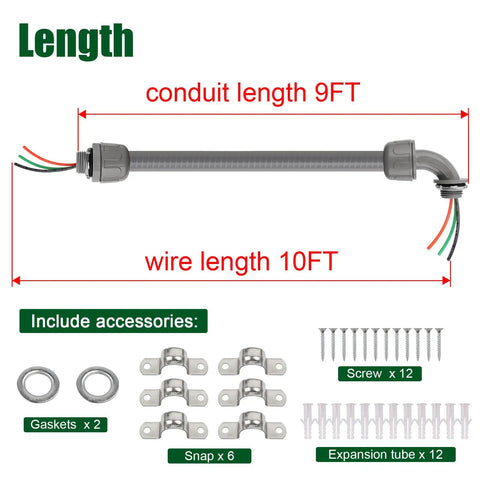 10Ft Liquid Tight Conduit Kit With One Half Inch Pre-Wired Electrical Whip Three 10AWG THHN Copper Wires With Bare Ends Accessories Visible