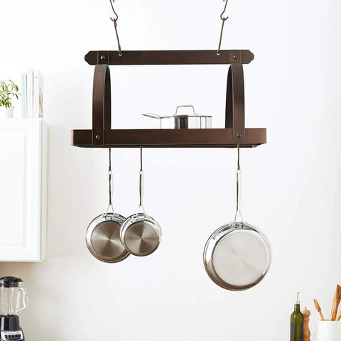 Heavy Duty Oiled Bronze Rectangular Pot Rack With Grid And 24 Removable Hooks for Kitchen Organization displayed with cookware