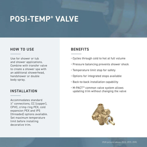 Posi-Temp valve benefits and installation details for Dartmoor Shower System With Rain Showerhead Brushed Nickel Finish Valve Not Included Posi Temp Valve Required MPACT Compatible Trim Kit For Easy Bath Remodel Upgrade Your Shower For A Spa Vibe