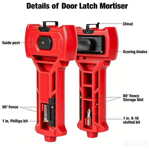 Must-Have Door Lock Installation Kit With Precision Latch Mortise Tool showcasing red mortiser details and included bits.