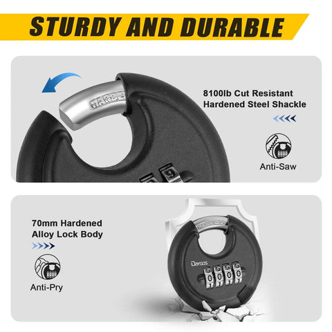 Rugged Outdoor Combination Disc Padlock With Four Digit Code Heavy Duty Weatherproof Rustproof Lock For Storage Units Gates Fences And Trailers Black Three Eighth Inch Shackle showing steel shackle and lock body details