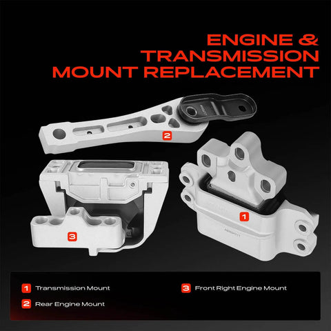 Engine Motor And Transmission Mount Kit With Torque Strut Assembly For Audi A3 Gti Jetta 2006 To 2014 showing transmission and engine mounts.