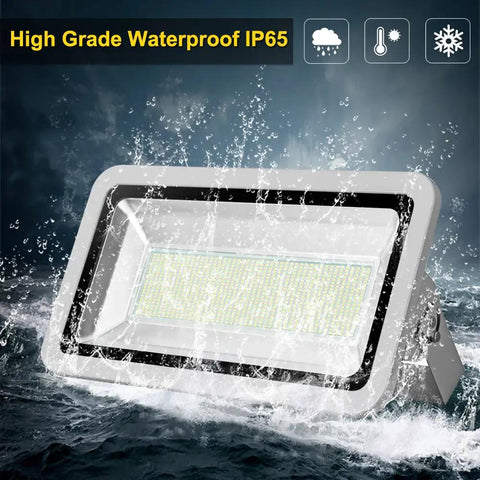 Top Shelf Industrial Grade 500W LED Flood Light Cranks Out 55000 Lumens Blazing Bright Cold White Glow Outside Security IP65 waterproof design.