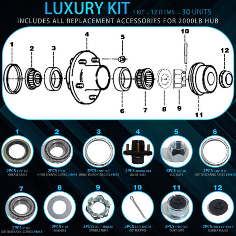 Diagram and parts of 4 Bolt Trailer Hub Kit For 2000 Lb Axles, Preinstalled And Lubricated, Fits 1 In Spindle With 1.25 In ID Grease Seal.