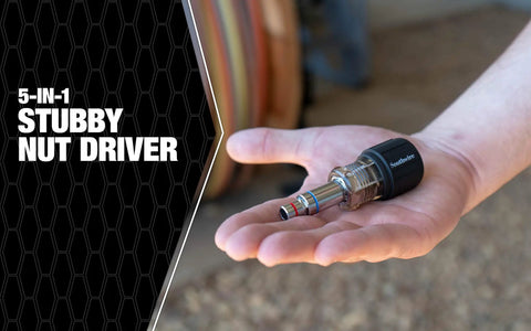 Person holding Stubby Nut Driver Kit With 5 In 1 Versatility And Color Coded Ends Chrome Plated Finish Cushioned Grip For Comfort Tri Bit Nut Driver Set