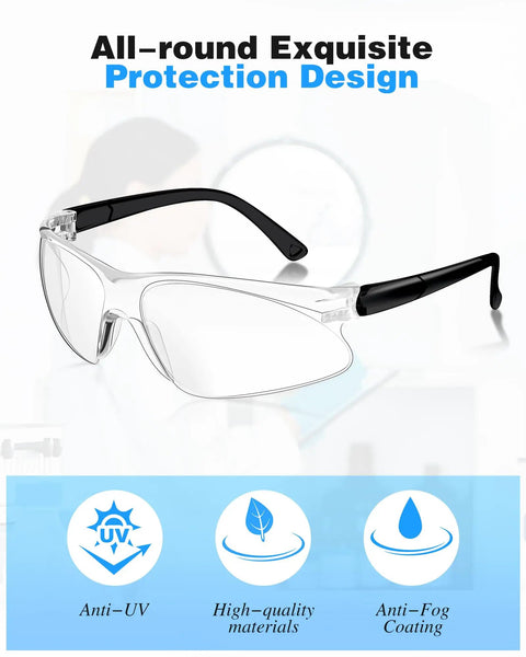 Bulk 100 Pair Clear Safety Glasses ANSI Z87.1 Certified with black temples, featuring anti-fog coating and UV protection.