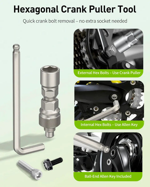 Upgraded Bike Crank Puller Kit With Wrench And Top Cap For Easy Crank Removal Fits Square Taper Shimano Octalink ISIS Splined And Most Crank Arms shown with hex bolt and allen key for pro-grade maintenance