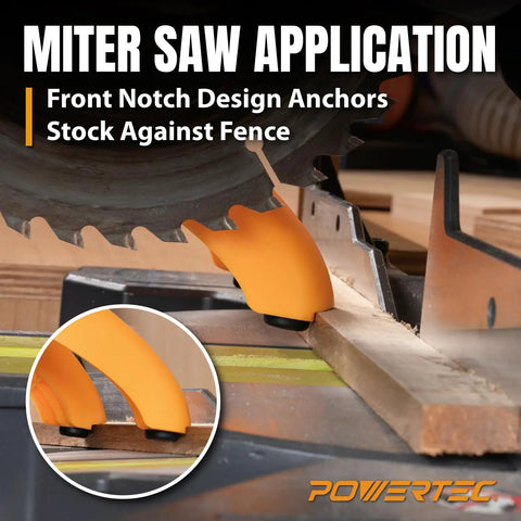 Dual Notch Safety Push Stick With Loop Handle Grip for miter saw application showing front notch anchoring stock.