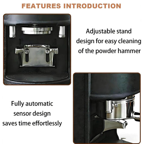Inside view of Legit Top Tier Electric Coffee Tamper 58mm showing an adjustable stand and automatic sensor design.