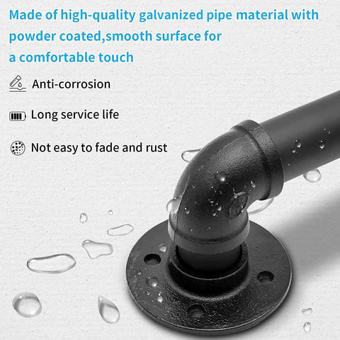 Close-up of black powder-coated galvanized pipe corner joint with water droplets, part of Sturdy 2 Ft Wall Handrail For Indoor Stairs.