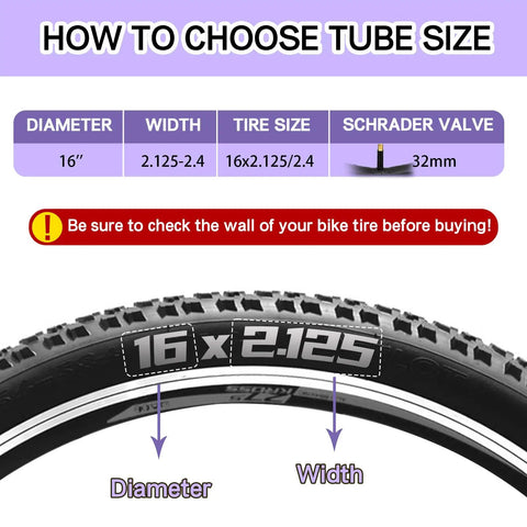 Guide for sizing Two Pack 16 Inch Inner Tubes 16x2.125 2.40 Heavy Duty Butyl EPDM, showing diameter and width on bike tire.