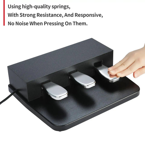 Portable 3 Pedal Unit For Digital Pianos With Soft, Sostenuto, And Sustain Pedals, Plug And Play Pedal Board in use