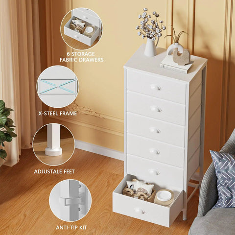 White Tall Dresser With Vertical Storage Tower And End Table Featuring Six Fabric Drawers And Drawer Organizer For Bedroom