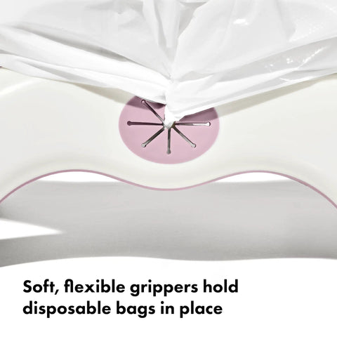 Foldable Two In One Portable Toddler Potty With Carry Bag, On The Fly Travel Toilet Seat Cover For Kids showing grippers holding liner bags.