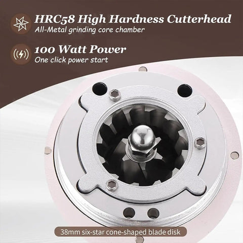 Single Dose Burr Coffee Mill With Anti Static Build And Magnetic Catch Cup showing HRC58 cutterhead and 38mm blade disk.