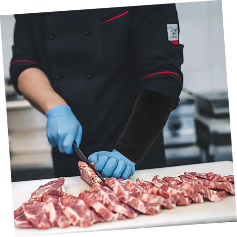 Solid Cut Resistant Arm Sleeves For Gritty Welding And Yard Jobs Lightweight Protective Guards That Flex Naturally and Lock Tight, used while slicing meat.