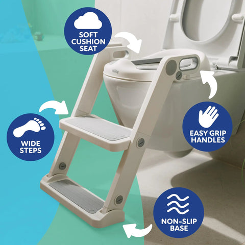 Toddler Step Ladder Potty Seat Folds Flat For Easy Storage with wide steps, non-slip base, and soft cushion seat for safe potty training.