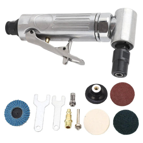 Heavy Duty Right Angle Air Die Grinder With Adjustable Speed Regulator And Beast Mode Tungsten Steel Internals For High Rpm Metalworking, detailed view with attachments.