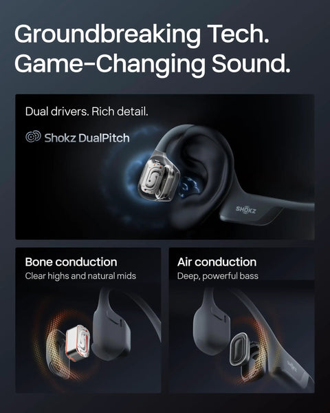 Next Level Open Ear Bone Conduction Bluetooth Sport Headphones In Black showcasing dual drivers for clear audio quality.