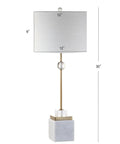 30 Inch White Marble And Brass Gold LED Table Lamp Set Of 2 Modern Glam Crystal Pedestal Lamps For Living Room Or Bedroom White Linen Shade Energy Efficient LED Bulbs Included, shown in white shade and brass stem