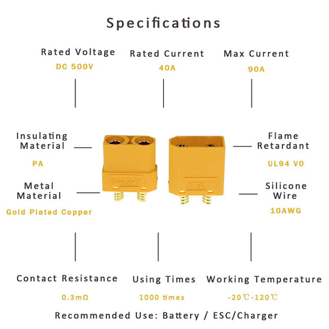 XT90 Bullet Connectors 10 Pair Set For RC Lipo Batteries And Motors, Male And Female Power Plugs with specifications details