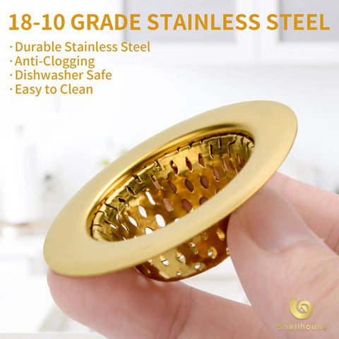 Heavy Duty Stainless Steel Bathroom Sink Strainers 2 Pack Anti Clog Mesh Drain Screen Hair Catcher For Utility Sink Gold basket details.