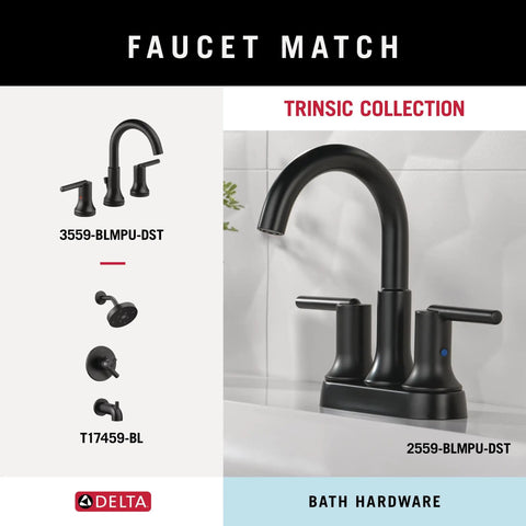 Matte black faucet from Trinsic Collection with single handle design on countertop.