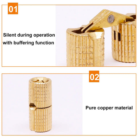 Top Shelf Solid Brass Hidden Barrel Hinges With A Dead Nuts Concealed Fit And Heavy Duty Smooth Swing For Easy Install On Woodworking Craft Jewelry Boxes Pack Of Four showcasing design and pure copper material.