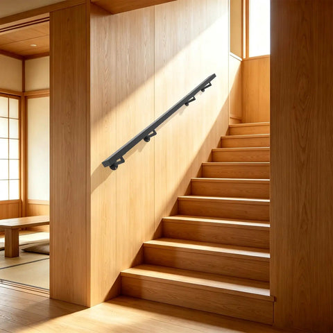 Heavy Duty Flush Wall Mount Stair Railing In Corrosion Resistant Stainless Steel With Matte Black Finish Six Foot Length mounted on wooden staircase.