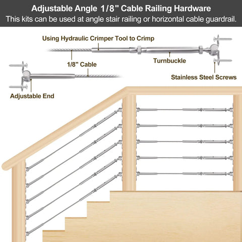 Diagram showing Twenty Pairs One Eighth Inch Cable Railing Kit With Swage Toggle Turnbuckles Adjustable Angle Stainless Steel Hardware.