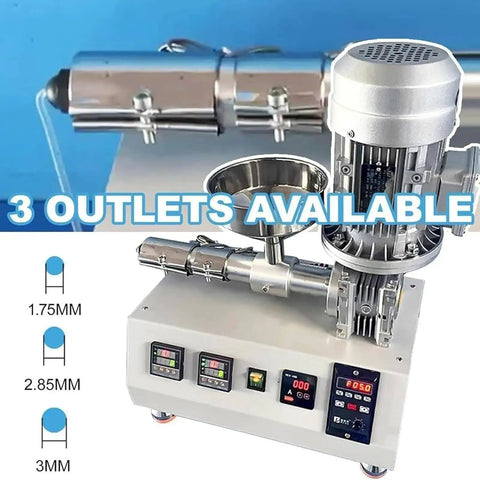 Heavy Duty Desktop 3D Printer Filament Extruder And Single Screw Plastic Pellet Recycler Machine built with three outlet sizes for versatile use.