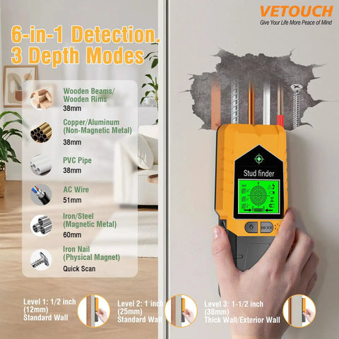 Zero Guesswork Required On This Built Tough 6 In 1 Wall Scanner Plus Stud Detector with LCD screen and detection modes.