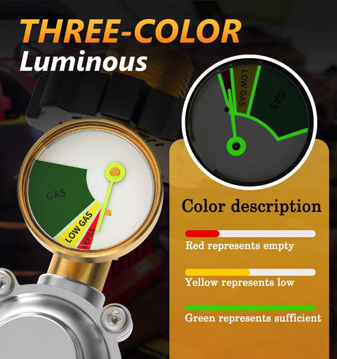 Image of a three-color luminous gauge on a two stage propane regulator for RV and outdoor appliances. Red, yellow, green indicators for gas levels.