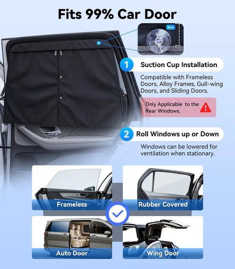 Baby Car Window Shades 2 Pack With Dual Mode Zipper And 100 Percent UV Block Sunlight Protection on car door with diagrams