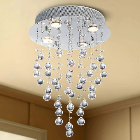 Lit Modern Crystal Round Raindrop Chandelier Flush Mount LED Ceiling Light Fixture, 14 in W x 20 in H, 4 GU10 Bulbs, Dimmable.