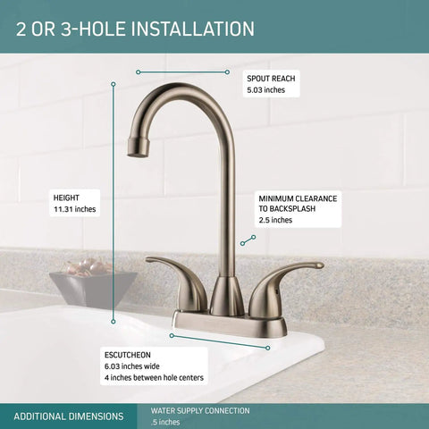 Diagram of Tunbridge Two Handle Bar Prep Kitchen Sink Faucet In Stainless Finish With Easy Install For 3 Hole 4 Inch Setups 360 Degree Swivel Arc Workhorse Build Model P288LF-SS Lifetime Warranty, showing dimensions and setup.