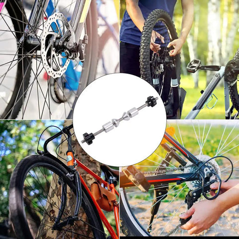 Pro Grade Bike Wheel Truing Stand With Thru Axle Adapters Aluminum Hub Repair Tool featured with bike maintenance scenes.