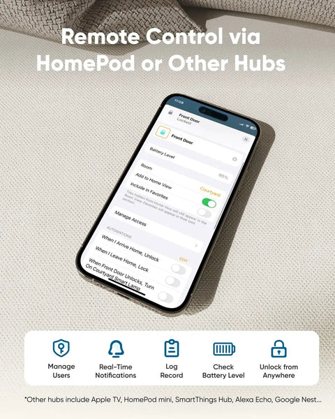 Zero Sweat Plug And Play Keyless Entry Door Lock With Fingerprint Scanner And Built In Wireless Hub For Smart Home Automation compatible app displayed on smartphone
