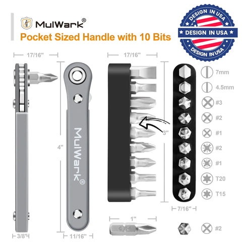 11 Piece Right Angle Screwdriver Set With One Quarter Inch Mini Ratchet Wrench, pocket-sized handle with 10 bits visible