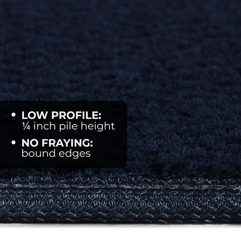 Close-up of non slip carpet stair treads set of 15 navy blue 8x27 inches showing low profile and bound edge features.