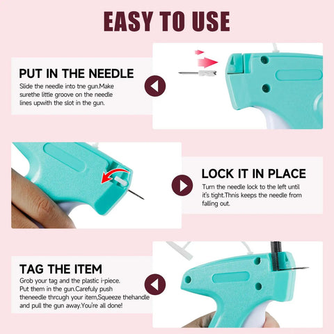 Slick Mini Tagging Gun For Apparel Repair And Crafting tools showing how to insert needle and tag items, in classic turquoise design.