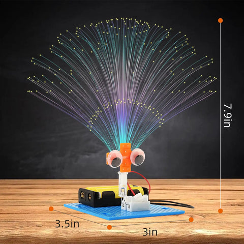 7 Pack Fiber Optic Lamp STEM Kit For Kids Ages 8-13, showing assembled circuit with colorful light strands and dimensions