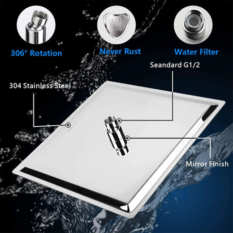 16 Inch Square Rain Shower Head Ultra Thin Chrome Ceiling Shower With Full Body Coverage, Premium 304 Stainless Steel features