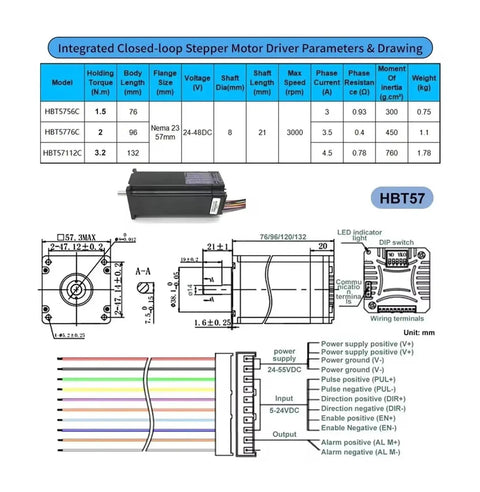 Integrated Closed-loop Stepper Motor Driver parameters and drawings for HBT57 with Nema 23 specifications.