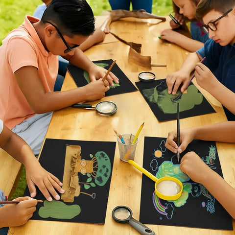 Children using Black Corrugated Cardboard Sheets 37x26 Inches 50 Pack E Flute Thick 3 32 Inch Made In USA for crafts at a table