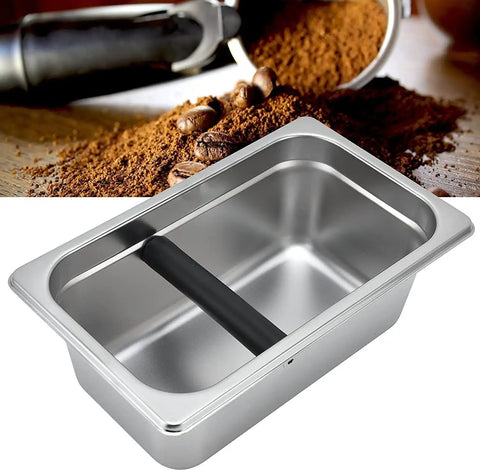 Boss Move Stainless Steel Coffee Knock Box For Espresso Pro Barista Gear Large Capacity with a black handle and smooth interior.