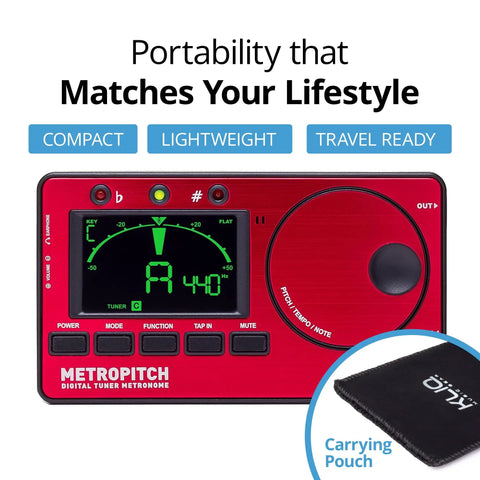 Digital Metronome and Tuner 3 In 1 for Practice Smarter Tone Generator red unit with carrying pouch displayed