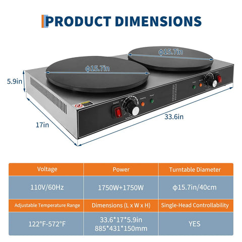 16 Inch Double Plate Crepe Maker Griddle With Nonstick Electric Crepe Machine dimensions chart and features