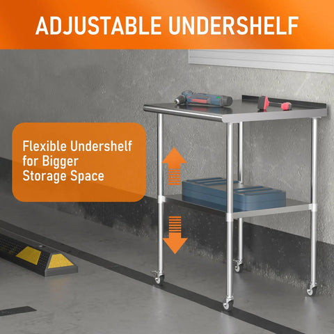 Stainless Steel Prep Table 24 By 30 Inch With Adjustable Undershelf, Backsplash And Wheels in garage setting.